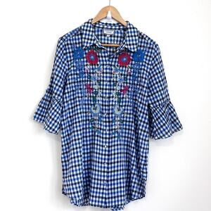 Johnny Was Taryn Ruffle Sleeve Tunic Shirt Size M Blue Gingham Floral Embroidery